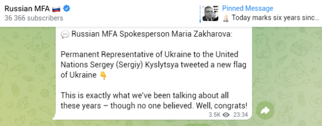 juru bicara kemenlu Rusia Maria Zakharova komentari postingan twitter perwakilan tetap Ukraina untuk PBB Sergey Kyslytsya yang dianggap lecehkan bendera AS 