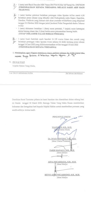 Beredar surat tuntutan jaksa penuntut umum dengan hukuman mati bertuliskan tulisan tangan.