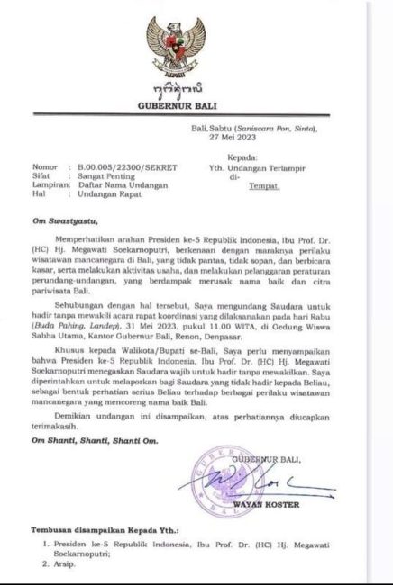 Surat Undangan Gubernur Bali I Wayan Koster kepada para bupati dan wali kota atas arahan Presiden ke-5 Megawati Soekarnoputri (Dok Twitter)