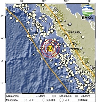 Gempa bumi terkini Magnitudo 5,8 mengguncang Kepulauan Mentawai.