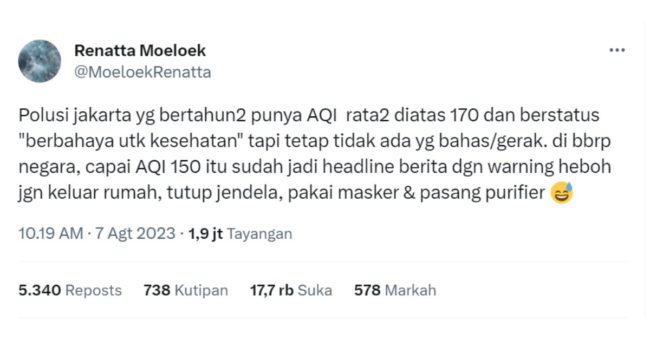 Chef Renatta berkomentar melalui akun Twitternya, mengenai Polusi Udara di Jakarta. Kadar polusi sudah sangat tinggi dan berbahaya!