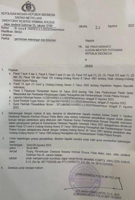 Surat panggilan terhadap Panji Harianto, ajudan Mentan Syahrul Yasin Limpo.