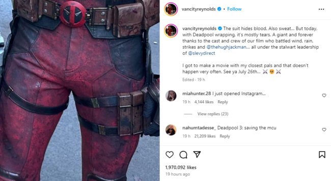 Unggahan Ryan Reynolds di Instagram Pribadinya