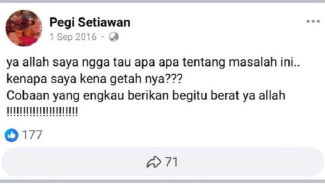 Viral status Facebook Pegi Setiawan alias Perong tersangka pembunuhan Vina Cirebon (Dok tangkapan layar)