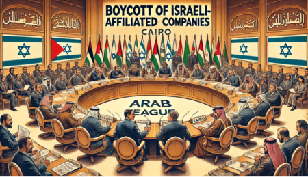 ilustrasi yang menggambarkan pertemuan perwakilan Liga Arab di Kairo, membahas dan menyepakati boikot terhadap perusahaan yang berafiliasi dengan Israel.